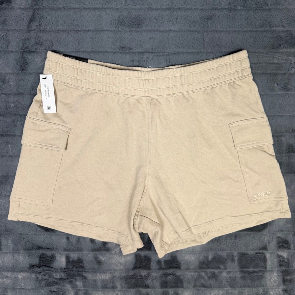 DKNY Womens Cargo Shorts Tan Pebble French Terry Elastic Waist DPMS5267 Large